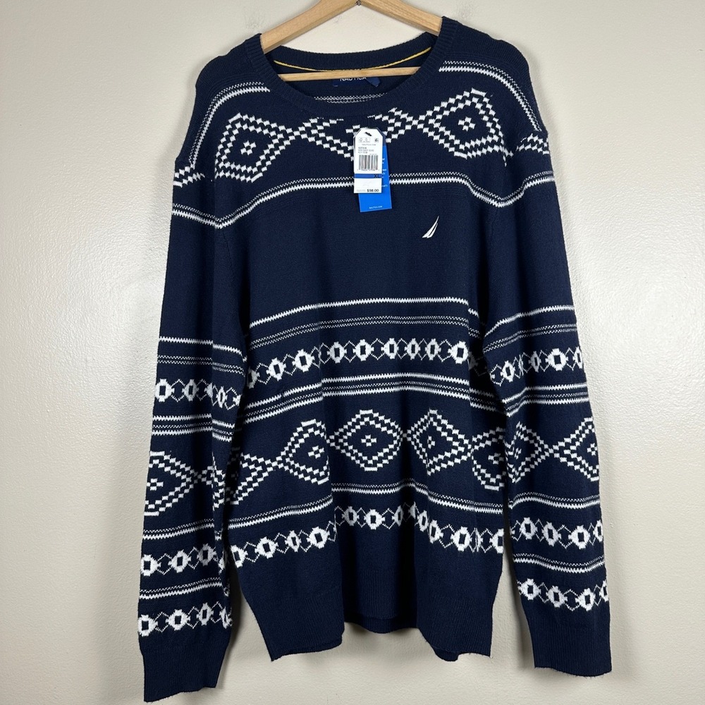 Nautica Men's XL Sweater Navy Blue Fair Isle Geometric Crewneck Preppy‎ NEW